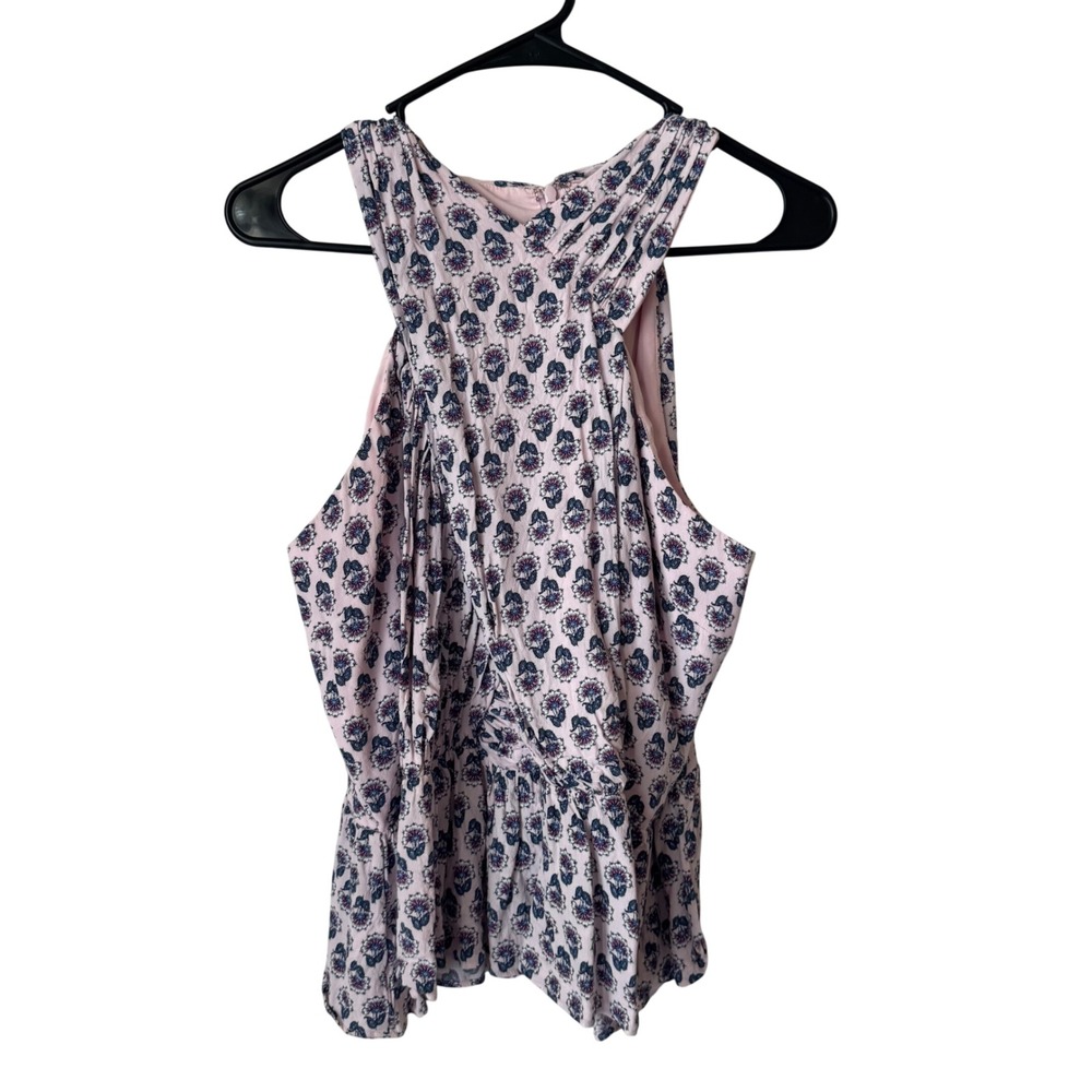 LOFT Pink Floral Block Print Halter Neck Peplum Blouse Sleeveless Top Size 12